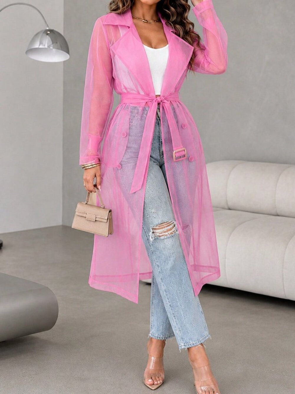 Watermelon Pink Elegant Women's Belted Button Long Trench Coat Jacket